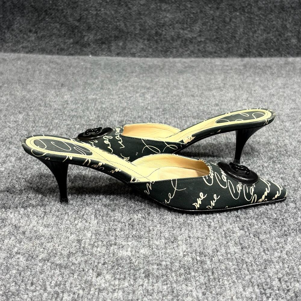 Vintage Chanel Shoes Womens 6 EU 36 Black Cruise Script Print Kitten Heel Mules